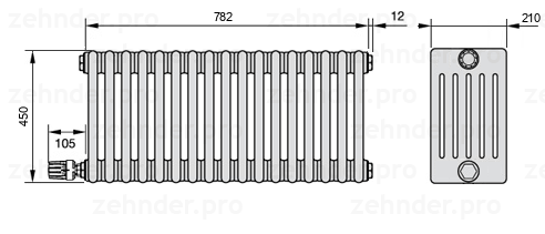 Схема (чертеж) Радиатор Zehnder Charleston 6045/17 №V004 Белый глянцевый RAL 9016